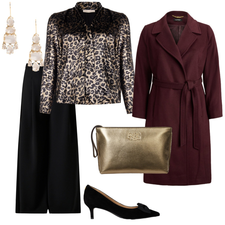 Outfit donna - Serata con stile. per Serata fuori. Abbinamento con pantaloni a palazzo, bluse, décolleté, orecchini, pochette, cappotti.