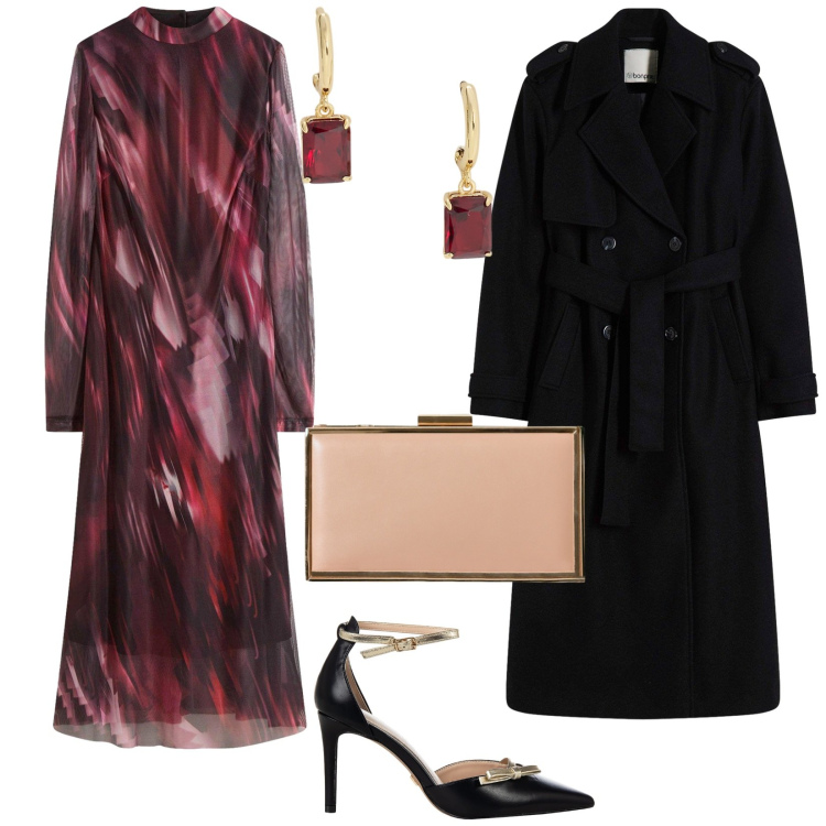 Outfit donna - Serata con stile. per Serata fuori. Abbinamento con trench, vestiti midi/longuette, décolleté, pochette, orecchini.