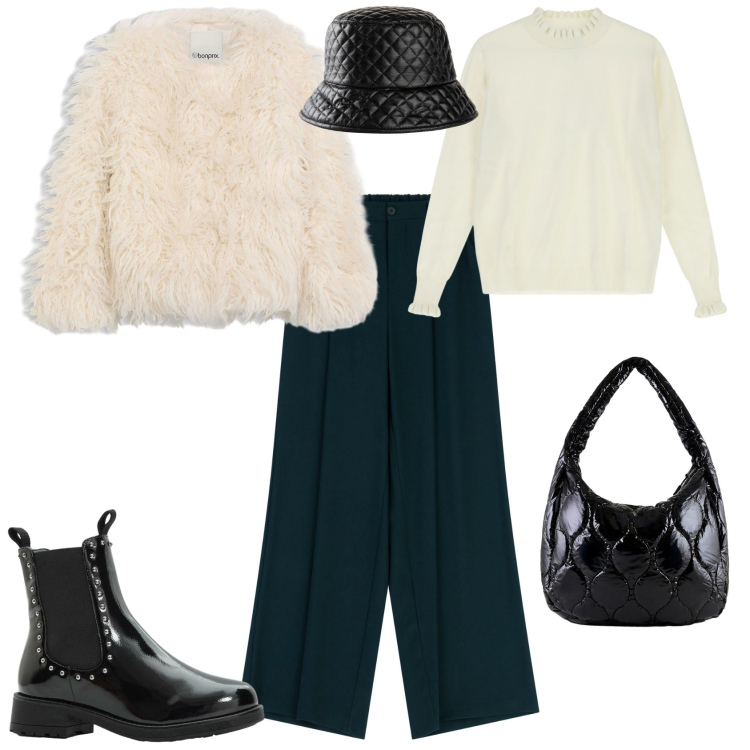 Outfit donna - In montagna con Dixie. Stile Casual chic per Tutti i giorni. Abbinamento con cappelli con visiera, ecopellicce, stivaletti chelsea, maglieria, pantaloni a palazzo, borse tote.