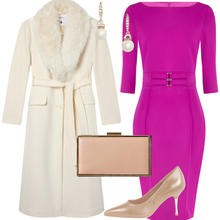 Outfit donna - Birthday party. Stile Glamour per Cerimonia. Abbinamento con vestiti a tubino, décolleté, pochette, cappotti, orecchini.