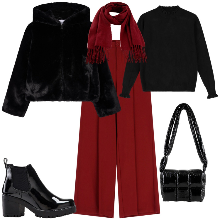 Outfit donna - In montagna con Dixie Terranova. Stile Casual chic per Tutti i giorni. Abbinamento con stivaletti, sciarpe, ecopellicce, pantaloni a palazzo, maglieria, borse a spalla.