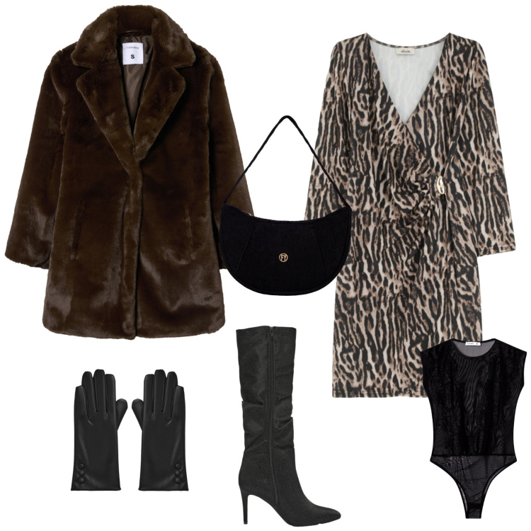 Outfit donna - Chic serata evento speciale. Stile Chic per Serata fuori. Abbinamento con body, stivali, guanti, cappotti, borse a mano, vestiti corti.