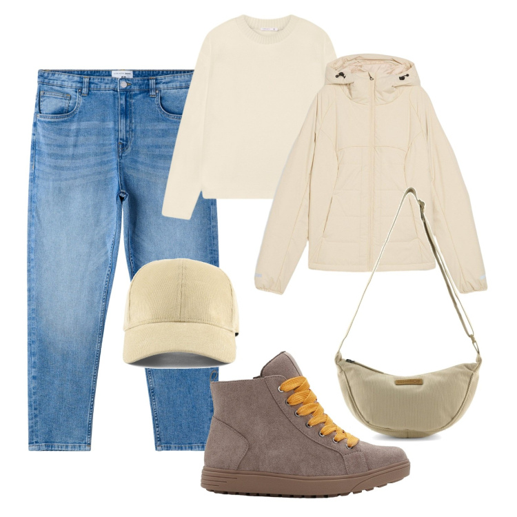 Outfit donna - Look dinamico!. Stile Urban per Tutti i giorni. Abbinamento con giacche, sneakers alte, jeans mom, maglieria, borse a tracolla, cappelli con visiera.