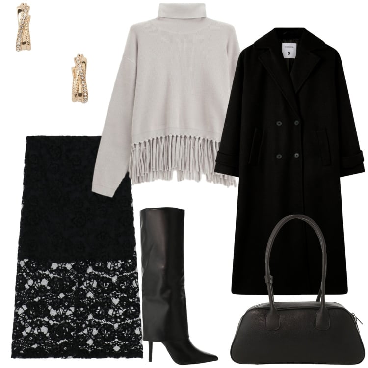 Outfit donna - Una serata tra amici. per Serata fuori. Abbinamento con gonne longuette, maglieria, cappotti, stivali, borse a mano, orecchini.