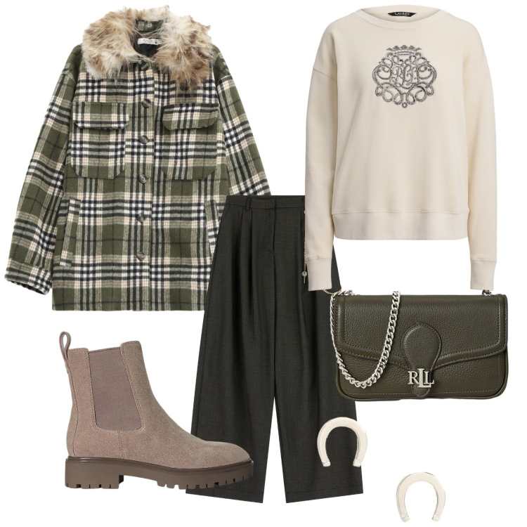Outfit donna - Inverno non ti temo. per Tutti i giorni. Abbinamento con cappotti, pantaloni a palazzo, stivaletti chelsea, pullovers, clutch, orecchini.