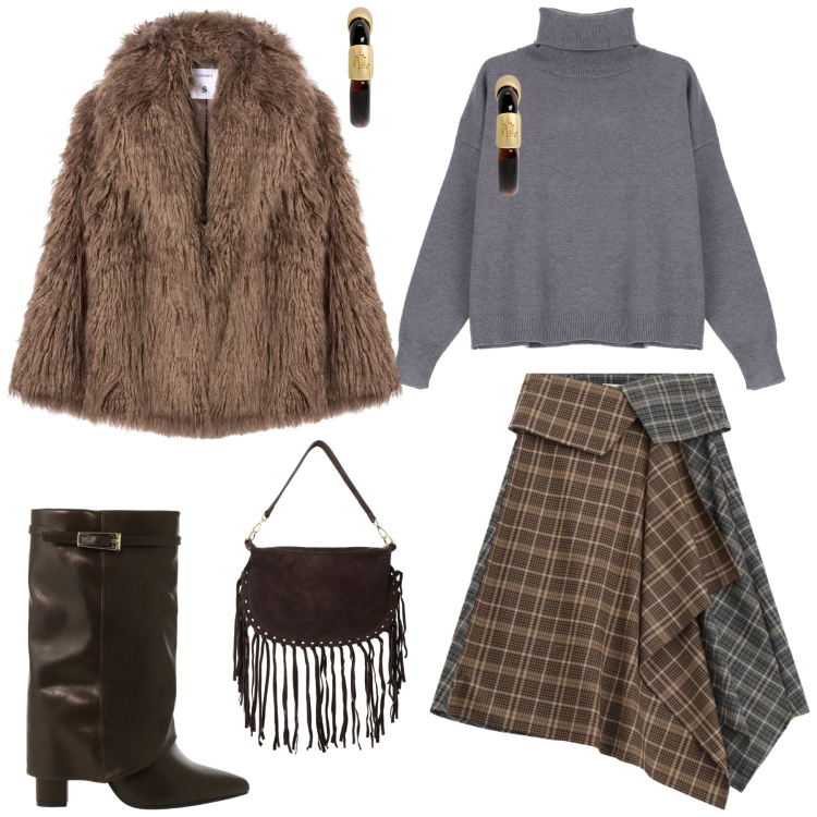 Outfit donna - Chic Black Friday. Stile Casual chic per Tutti i giorni. Abbinamento con ecopellicce, stivali, maglieria, borse a tracolla, minigonne, orecchini.