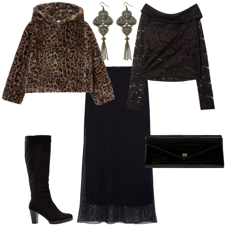 Outfit donna - Chic serata evento speciale. Stile Chic per Serata fuori. Abbinamento con stivali, pochette, gonne lunghe, bluse, ecopellicce, orecchini.