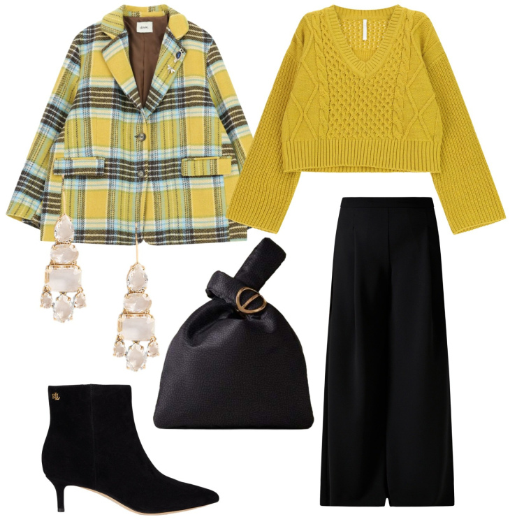 Outfit donna - I colori di tendenza. per Ufficio. Abbinamento con pantaloni a palazzo, maglieria, borse a mano, blazer, orecchini, stivaletti.