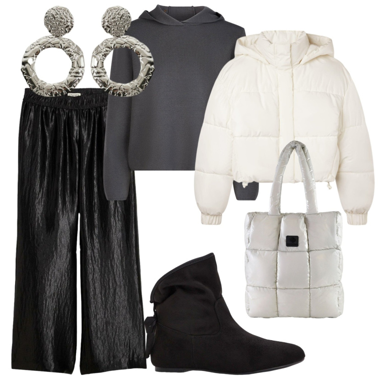 Outfit donna - Giornate fredde. per Tutti i giorni. Abbinamento con stivaletti, pantaloni a palazzo, bomber, orecchini, shopping bag, maglieria.