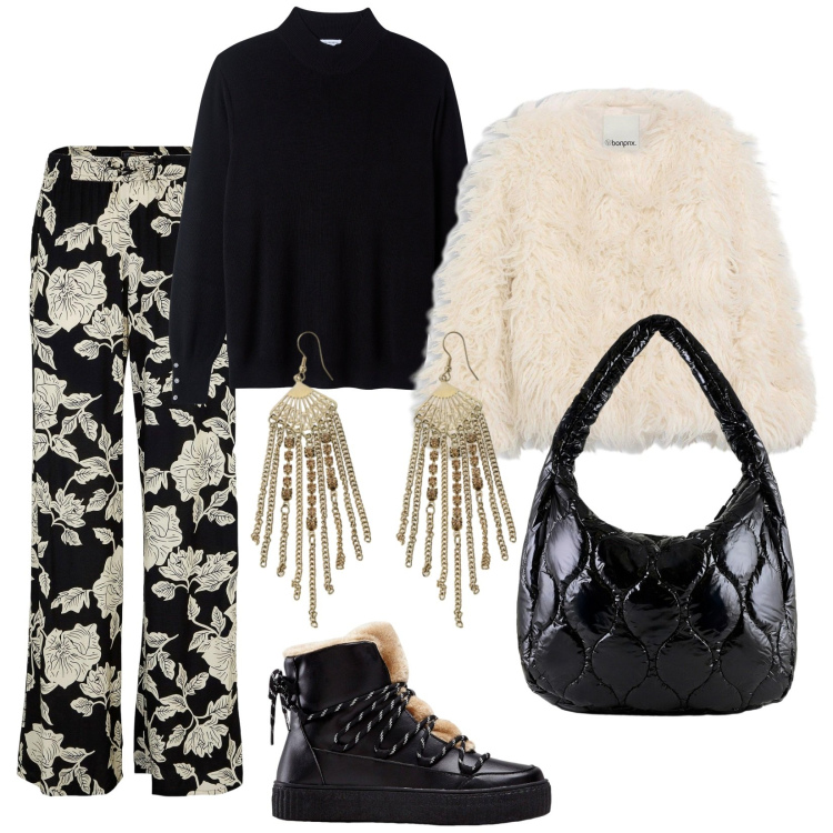 Outfit donna - In baita. per Serata fuori. Abbinamento con pantaloni a palazzo, ecopellicce, sneakers alte, pullovers, orecchini, borse tote.