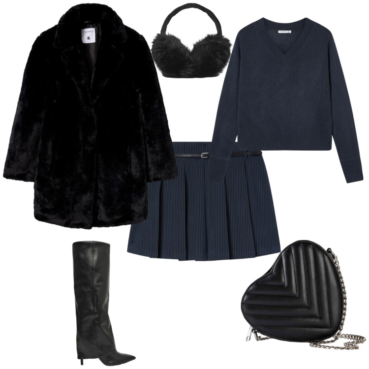 Outfit donna - Preppy avio e nero. Stile Preppy per Serata fuori. Abbinamento con borse a tracolla, minigonne, cappotti, cappelli, stivali, maglieria.