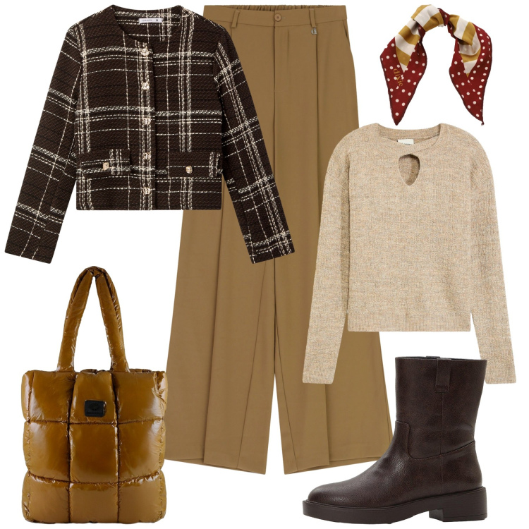 Outfit donna - Black Friday Chic. Stile Casual chic per Tutti i giorni. Abbinamento con stivaletti, maglieria, blazer, foulard, pantaloni a palazzo, shopping bag.