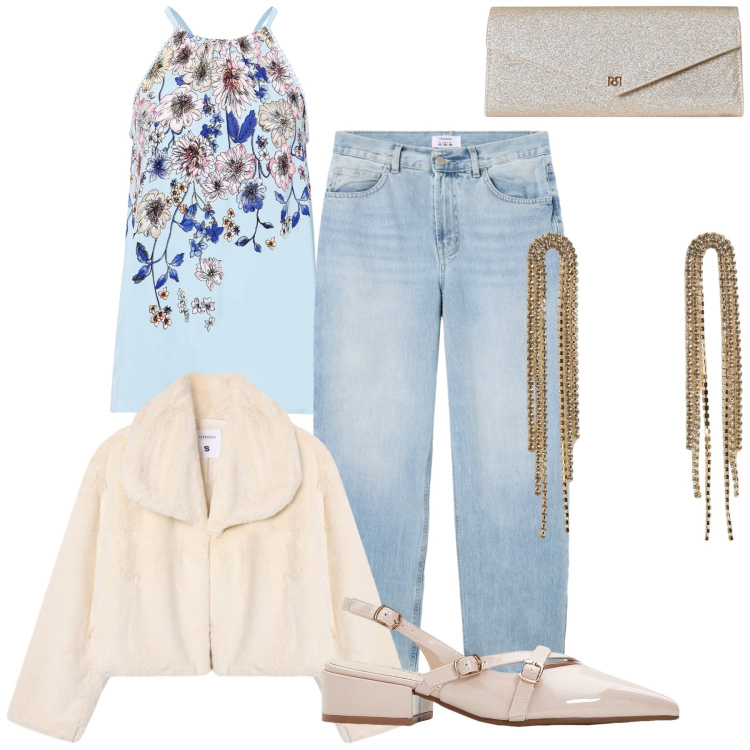 Outfit donna - Delizioso top pure col freddo. Stile Romantica per Serata fuori. Abbinamento con décolleté, top, pochette, orecchini, jeans dritti, ecopellicce.