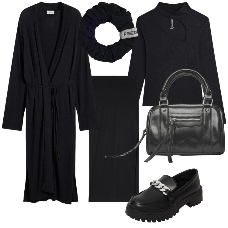 Outfit donna - Every day is basic and black. Stile Basic per Tutti i giorni. Abbinamento con cappotti, mocassini, gonne lunghe, borse a mano, maglieria, accessori per capelli.