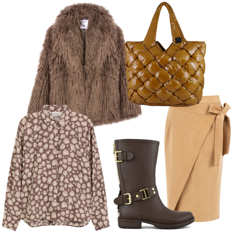 Outfit donna - Chic nel pomeriggio fuori. Stile Chic per Tutti i giorni. Abbinamento con camicie, ecopellicce, gonne longuette, borse tote, stivali.