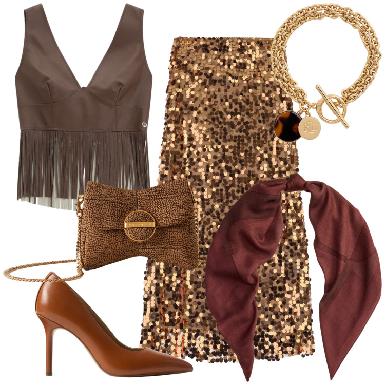 Outfit donna - Frange paillettes e si balla. Stile Glamour per Serata fuori. Abbinamento con top, pochette, gonne lunghe, sciarpe, décolleté, braccialetti con ciondoli.