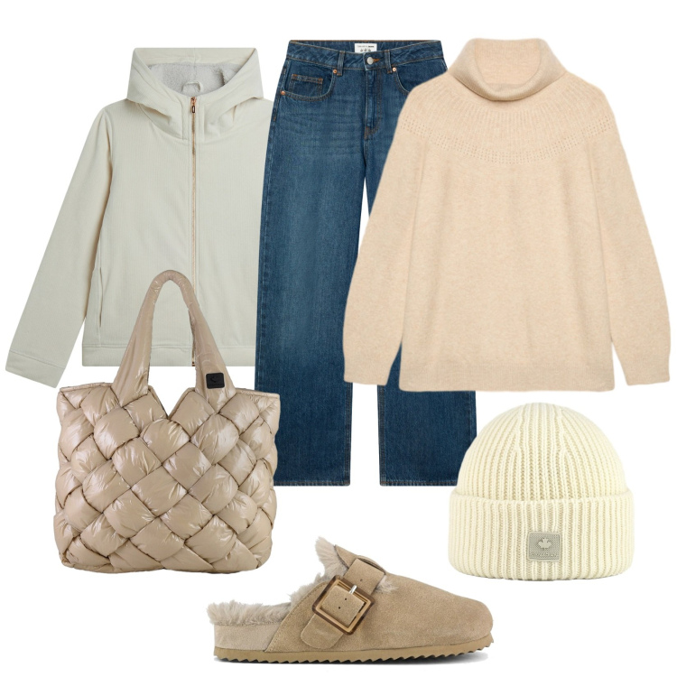 Outfit donna - Il freddo che arriva. Stile Casual per Tutti i giorni. Abbinamento con jeans, blazer, borse tote, berretti, sabot, maglieria.