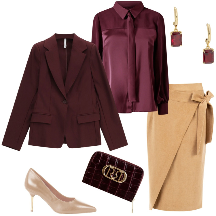 Outfit donna - La longuette color sabbia. Stile Bon Ton per Cerimonia. Abbinamento con décolleté, portafogli, gonne longuette, camicie, blazer, orecchini.