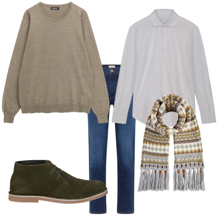 Outfit uomo - Tutti i giorni. Stile Casual per Tutti i giorni. Abbinamento con jeans dritti, maglieria, stivali e stivaletti, camicie, sciarpe.