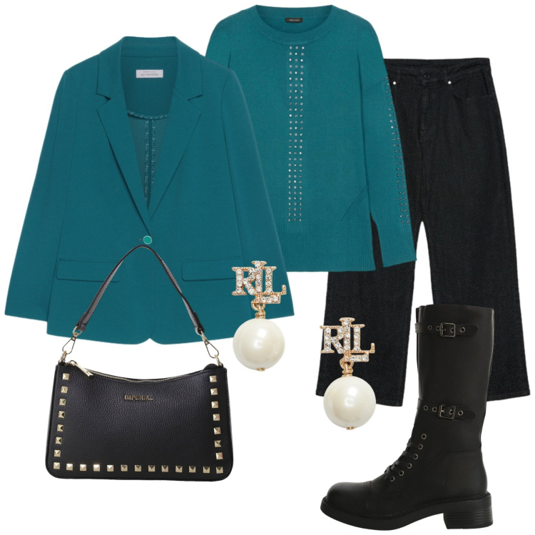 Outfit donna - Over in casual chic. Stile Casual chic per Ufficio. Abbinamento con stivali, pochette, orecchini, maglieria, jeans dritti, blazer.