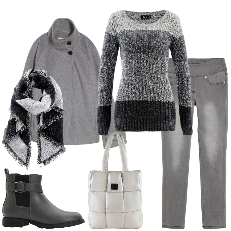 Outfit donna - Urban. Stile Urban per Tutti i giorni. Abbinamento con jeans dritti, maglieria, sciarpe, blazer, stivaletti chelsea, shopping bag.