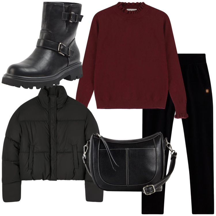 Outfit donna - Basic winter look. Stile Basic per Tutti i giorni. Abbinamento con borse a tracolla, stivaletti, bomber, pantaloni, maglieria.