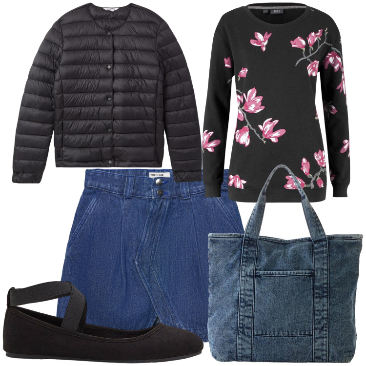Outfit donna - La felpa fiorita. Stile Trendy per Tutti i giorni. Abbinamento con felpe, ballerine, shopping bag, minigonne, piumini.
