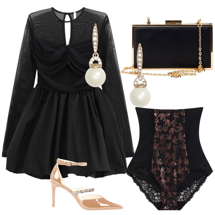 Outfit donna - Season ‘s party. Stile Glamour per Serata fuori. Abbinamento con culotte, pochette, décolleté, vestiti corti, orecchini.