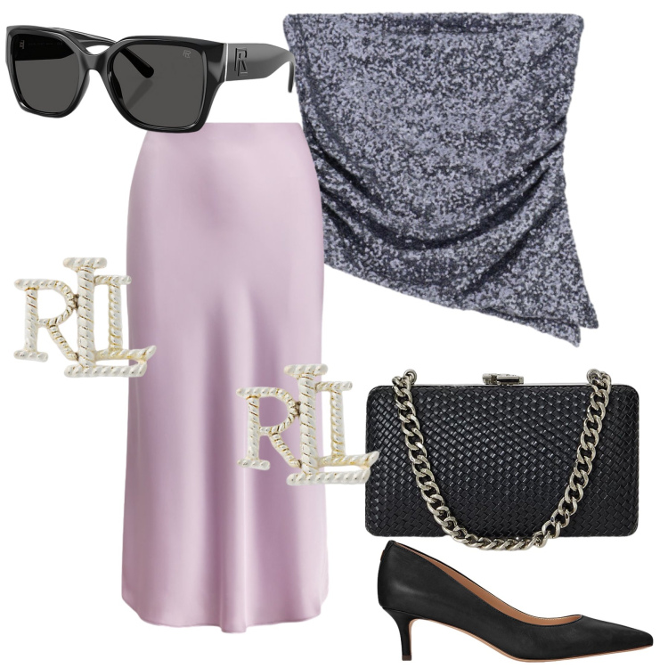 Outfit donna - Serata in gonna in raso. Stile Chic per Serata fuori. Abbinamento con top, décolleté, orecchini, occhiali da sole, gonne, clutch.