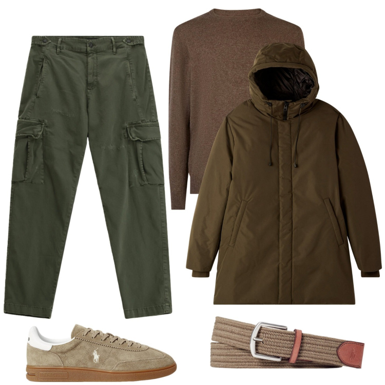Outfit uomo - Colori della Terra in Autunno. Stile Casual per Tutti i giorni. Abbinamento con parka, pantaloni cargo, cinture, sneakers, maglieria.