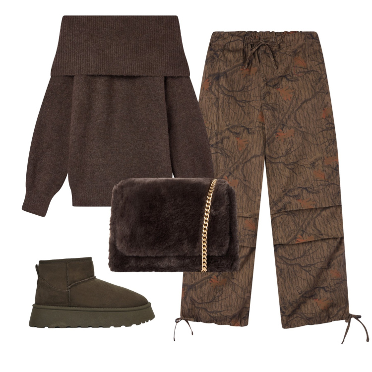 Outfit donna - Total look #2289779. Stile Casual per Tutti i giorni. Abbinamento con maglieria, pantaloni cargo, borse a tracolla, stivali.