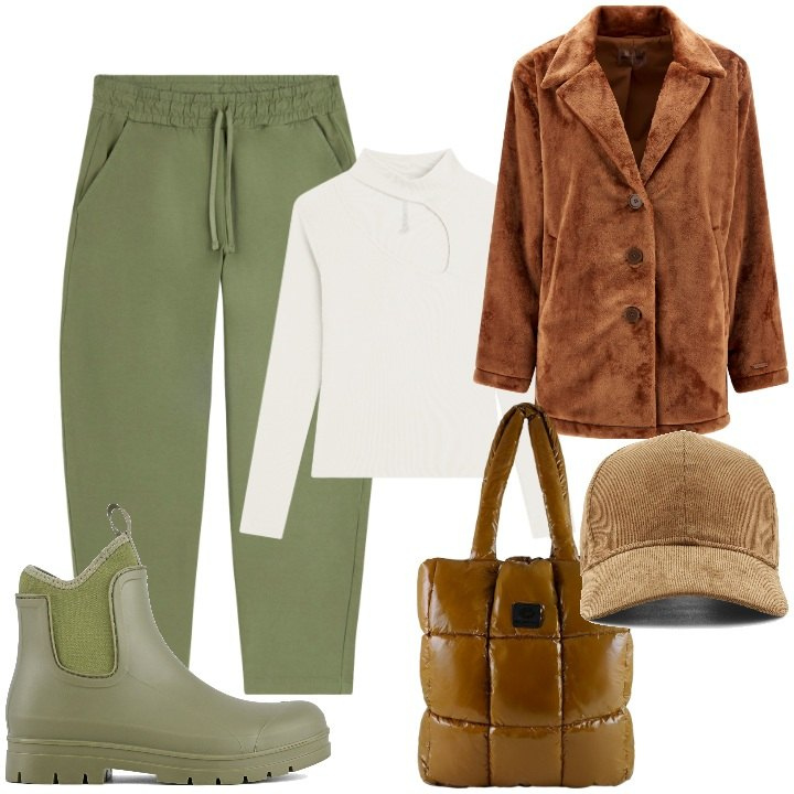 Outfit donna - Sporty-chic autunnale. Stile Sporty chic per Tutti i giorni. Abbinamento con pantaloni, maglieria, cappotti, shopping bag, stivali, cappelli con visiera.