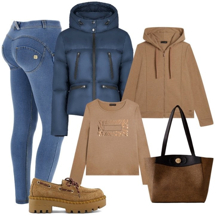 Outfit donna - Sporty-chic autunnale. Stile Sporty chic per Tutti i giorni. Abbinamento con shopping bag, t-shirt, felpe con cappuccio, jeggings, piumini, mocassini.