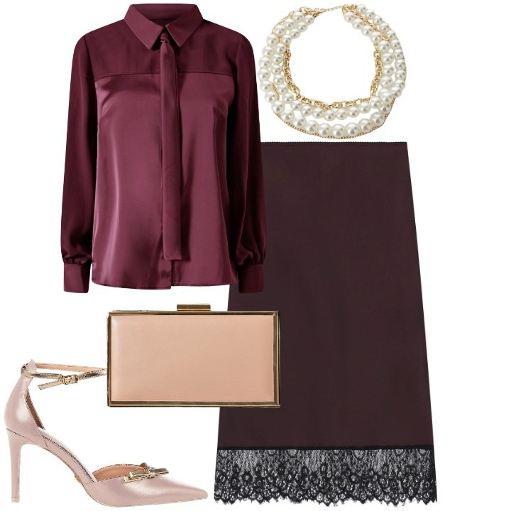 Outfit donna - Glamour per novembre. Stile Glamour per Serata fuori. Abbinamento con décolleté, pochette, camicie, gonne longuette, collane.