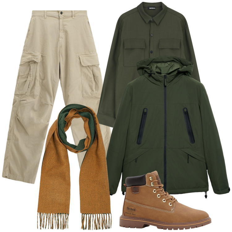 Outfit uomo - Marrone, verde e beige. Stile Casual per Tutti i giorni. Abbinamento con stivali e stivaletti, giacche, camicie, pantaloni cargo, sciarpe.