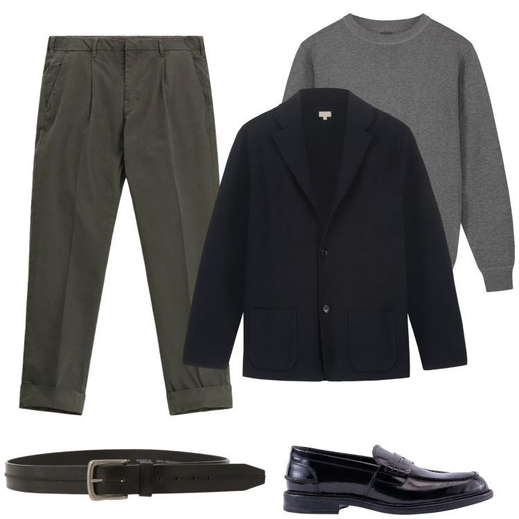 Outfit uomo - Casual in ufficio. Stile Casual per Ufficio. Abbinamento con pantaloni chino, cinture, maglieria, giacche, scarpe stringate.