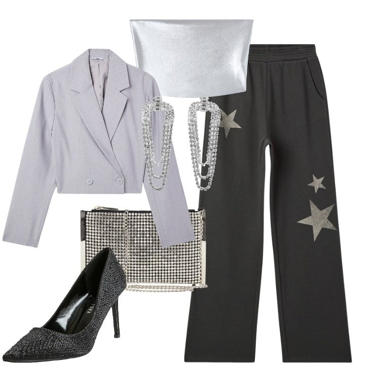 Outfit donna - Glamour per novembre. Stile Glamour per Serata fuori. Abbinamento con pochette, pantaloni, décolleté, blazer, orecchini, top.