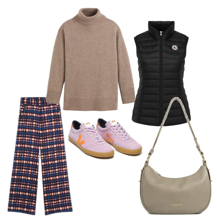 Outfit mujer - Casual look. Estilo Casual para Todos los días. Combinación con plumíferos, prendas de punto, bandoleras, sneakers, pantalones palazzo.