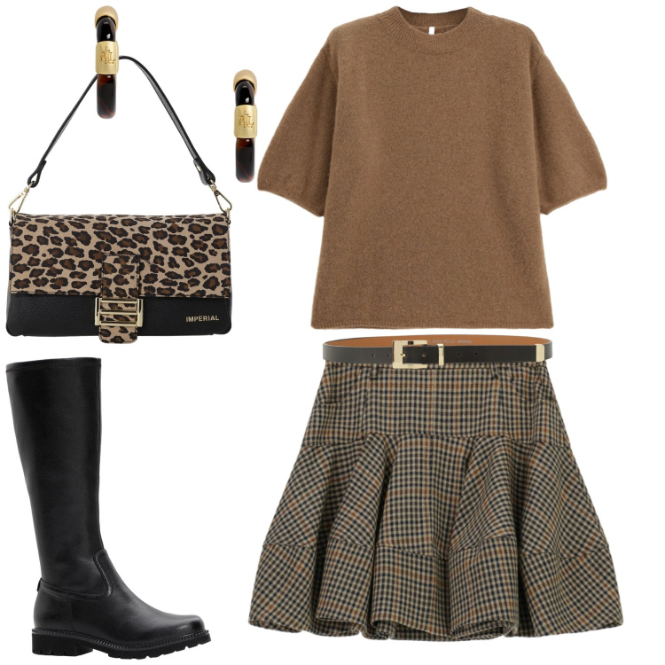 Outfit donna - City. Stile Urban per Tutti i giorni. Abbinamento con stivali, minigonne, borse a spalla, cinture, maglieria, orecchini.