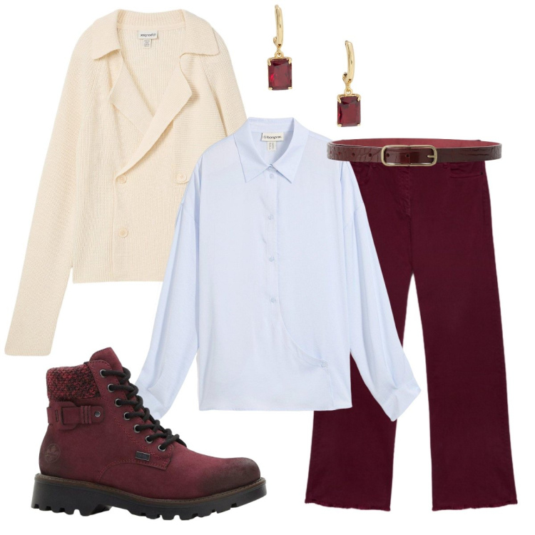 Outfit donna - Il cardigan a doppio petto. Stile Casual chic per Ufficio. Abbinamento con camicie, stivaletti, cardigans, cinture, orecchini, jeans dritti.