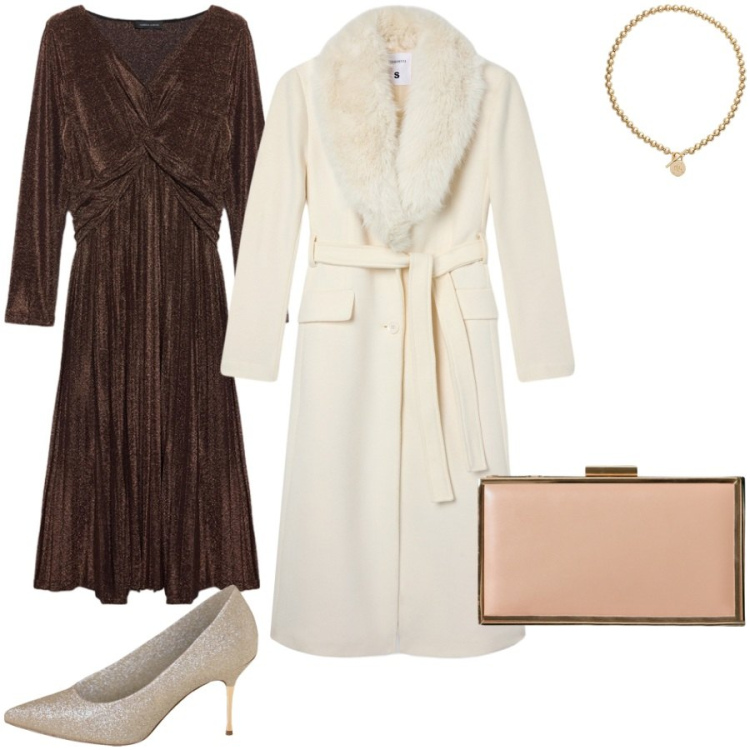 Outfit donna - Total look #2289800. Stile Chic per Serata fuori. Abbinamento con pochette, décolleté, cappotti, collane, vestiti lunghi.