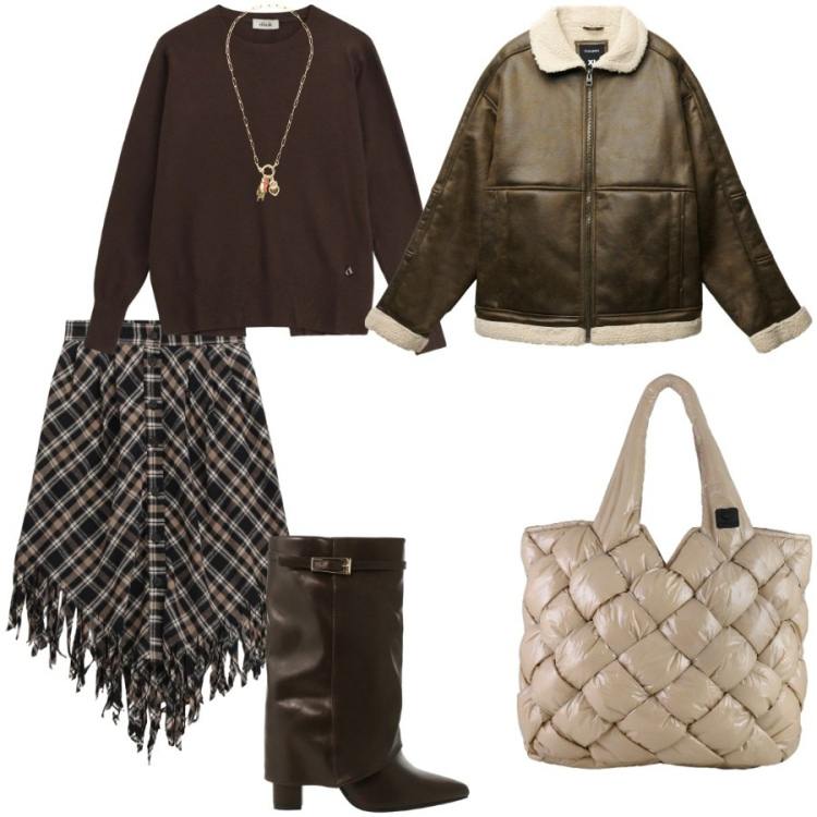 Outfit donna - Asimmetrica con frange. Stile Trendy per Ufficio. Abbinamento con giacche, stivali, gonne longuette, maglieria, ciondoli, borse tote.