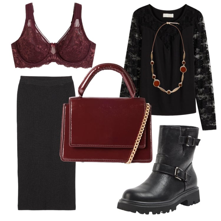Outfit donna - Pizzo per la sera. Stile Rock per Serata fuori. Abbinamento con gonne, reggiseni, maglieria, stivaletti, borse a tracolla, collane.