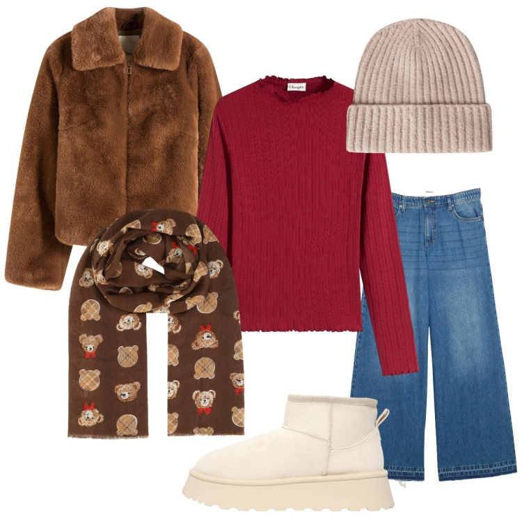 Outfit donna - La sciarpa con gli orsetti. Stile Urban per Scuola/Università. Abbinamento con ecopellicce, maglieria, jeans, foulard, berretti, stivaletti.