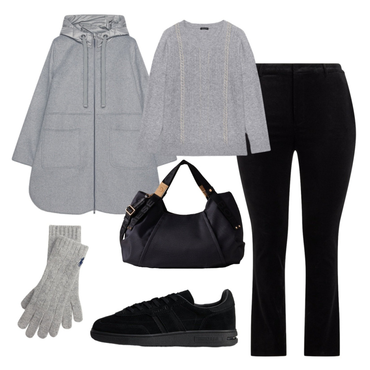Outfit donna - Capi comodi!. Stile Casual per Tutti i giorni. Abbinamento con borse a mano, pantaloni, sneakers, guanti, cappotti, maglieria.