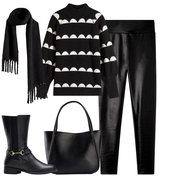Outfit donna - Novembre. Stile Casual chic per Tutti i giorni. Abbinamento con stivali, shopping bag, sciarpe, maglieria, leggings.