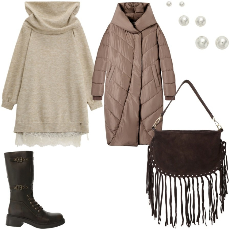 Outfit donna - Versatile e comodo. Stile Casual chic per Ufficio. Abbinamento con cappotti, stivali, vestiti asimmetrici, borse a tracolla, orecchini.