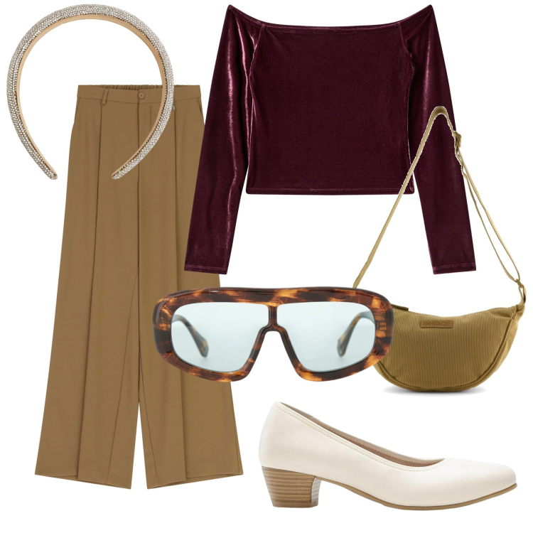 Outfit donna - Blusa in velluto per il lavoro. Stile Bon Ton per Ufficio. Abbinamento con décolleté, bluse, cerchietti, occhiali da sole, pantaloni a palazzo, borse a tracolla.