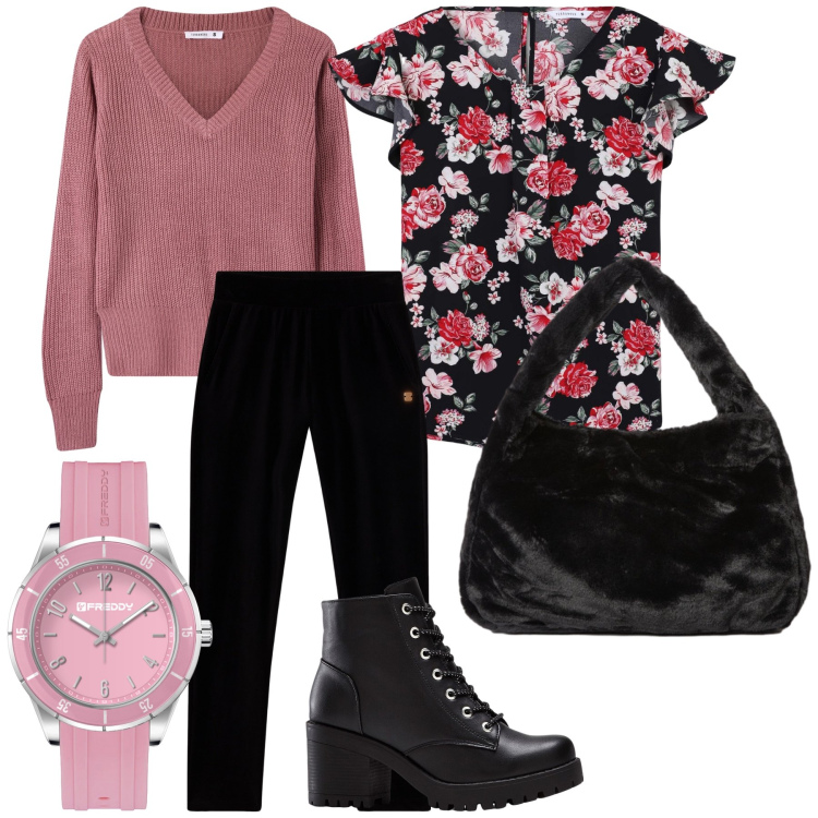 Outfit donna - L ora di incontrare una amica. Stile Bon Ton per Tutti i giorni. Abbinamento con stivaletti, maglieria, bluse, pantaloni, orologi, borse a spalla.