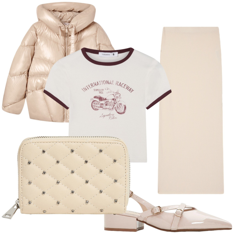 Outfit donna - Panna. Stile Chic per Tutti i giorni. Abbinamento con décolleté, gonne lunghe, giacche, t-shirt, portafogli.